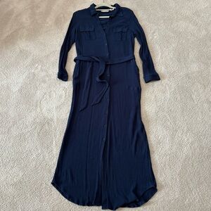 Soft Surroundings Crinkle Blue Button Up Shirt Maxi Dress M Belt Pockets Collar